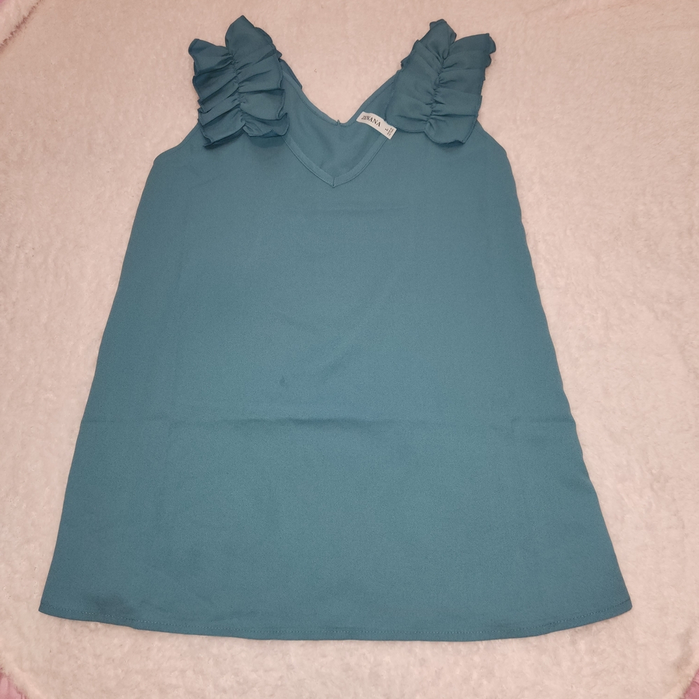 Willow Boutique Zenanablue Ruffled Sleeveless Work Top